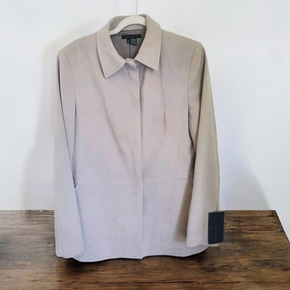 Zara Basic Jacket‎ Womens Size Lg Button Down Taupe Polyester Shoulder Pads NWT